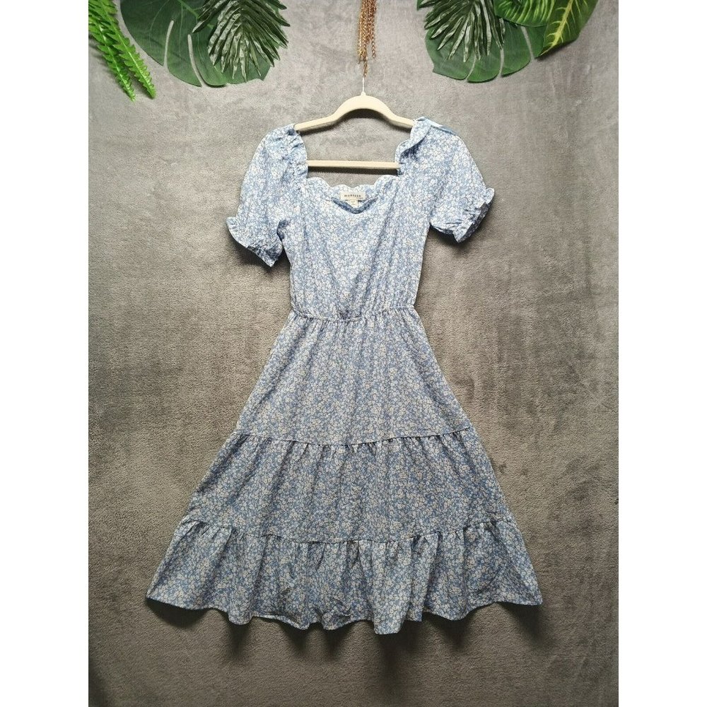 MONTEAU Women Summer Flare Midi Dress Scallop Neckline Flower Print US XS (0-2)